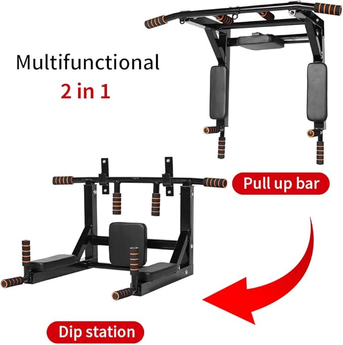 (4 Hooks) Heavy Wall Mounted Pull Up - Chin Up bar with dip station + 5 extra Exercises & Hangers
