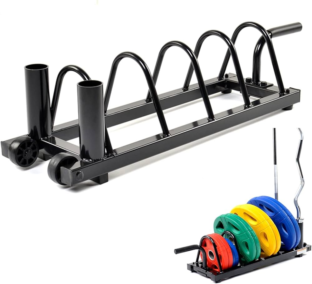 Mobile Olympic Plate Barbell Rack with Handle and Wheels Trolley