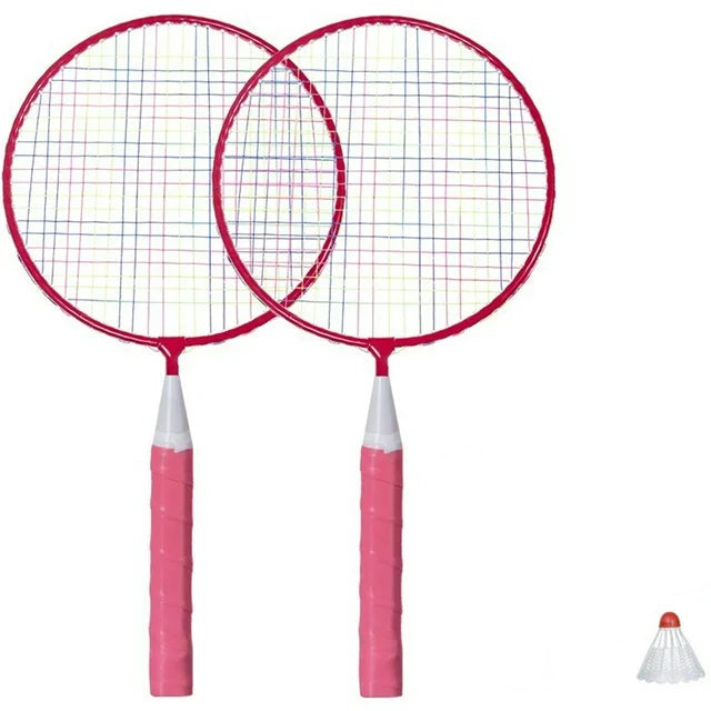 Pink badminton racket set with a carrying case and colorful shuttlecocks on a white background