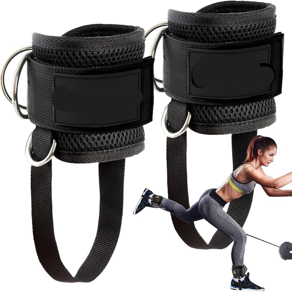 Black resistance band straps with Clinster logo and a woman exercising with weights.