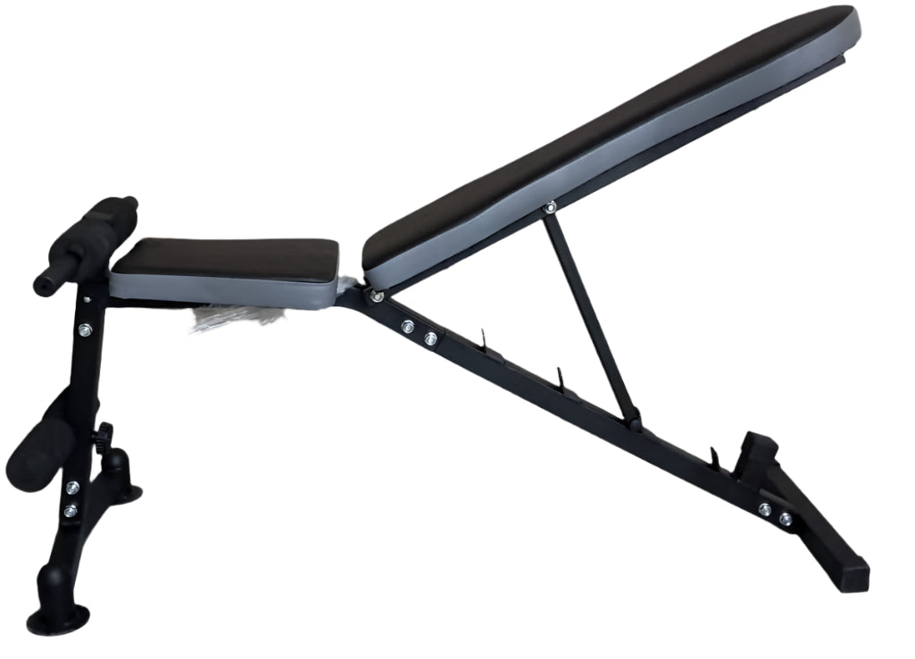 Adjustable weight bench in a home gym setting with a neutral background