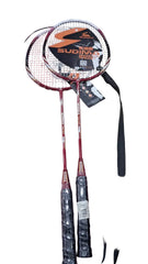 Badminton racket with a pink cover on a wooden table