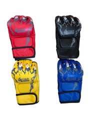 Four gloves in red, black, yellow, and blue on a tiled floor with 'H&R' branding.