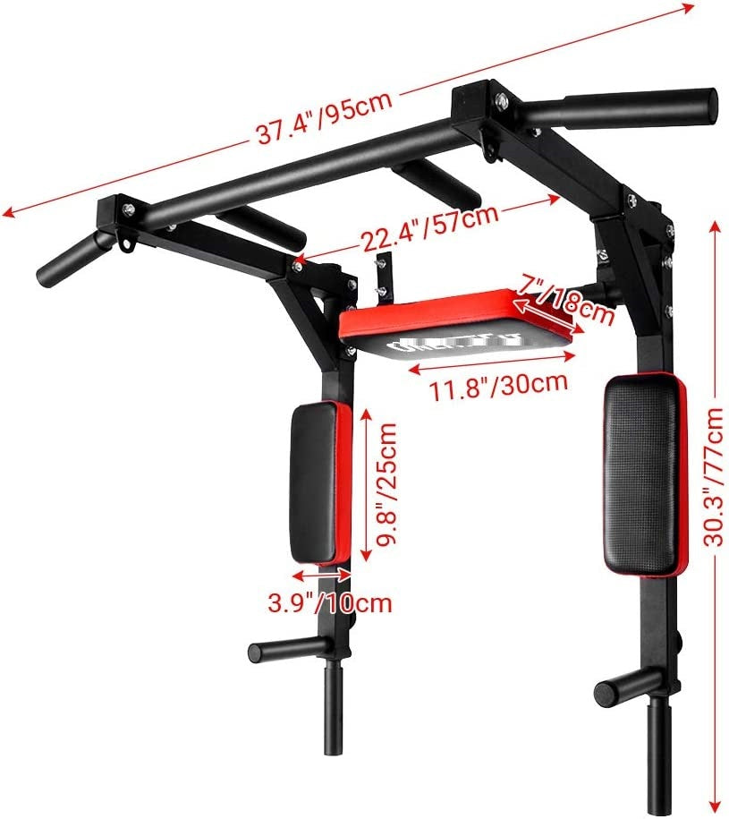 (4 Hooks) Wall Mounted Pull Up - Chin Up bar with dip station + 5 extra Exercises & Hangers